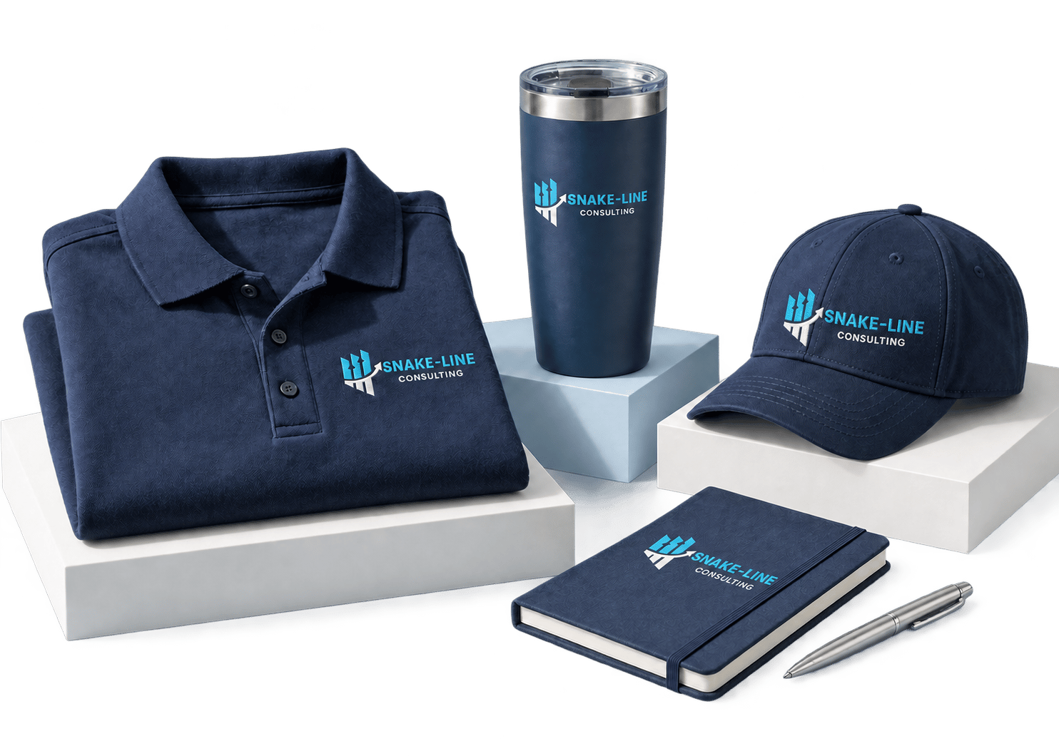 Illustrative Snake-Line merchandise collection with a navy polo, cap, insulated tumbler, notebook and pen